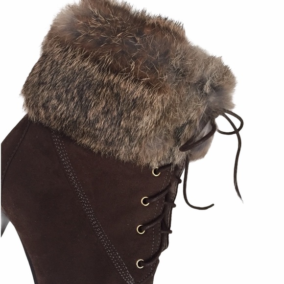 Emanuelle Vee Fur Cuff Ankle Lace up Heeled Boots - Picture 2 of 7